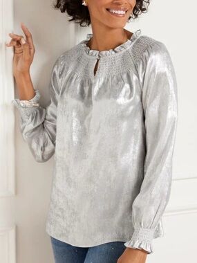 Talbot metallic smocked silver blouse size medium NWT